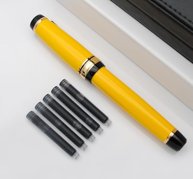 Metal Big Fountain Pen Set Medium Nib 0.7mm, Includes Ink Refill Converter, 5 Ink Cartridges & Gift Box (Medium Nib 0.7mm, Yellow)