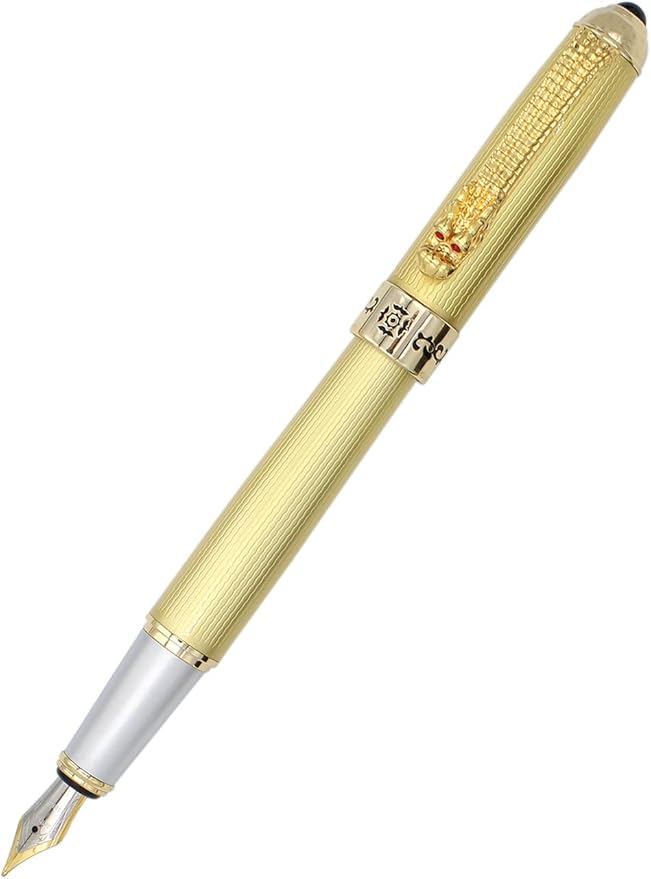 Gullor Fountain Pen with Ink Converter, Golden Dragon Clip, Executive Pen for Smooth Writing, Fine Nib, Red