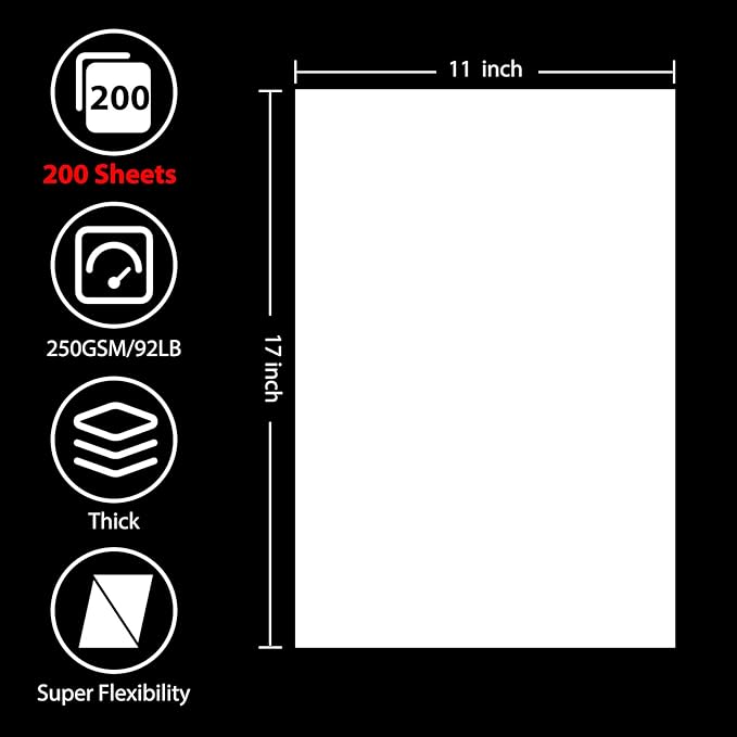 OcePor 200 Sheets White Cardstock 11” x 17”, 92lb/250gsm Card Stock, Thick Card Stock Paper, Heavy Cardstock Paper for Printer, Resume, Scrapbooks, Art, Crafts, Business Cards