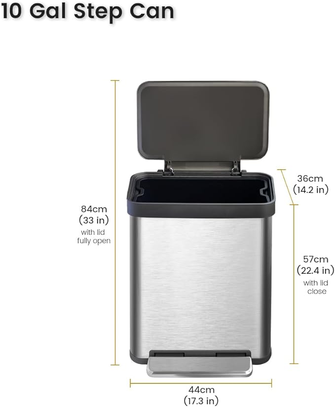 10 Gallon Stainless Steel Trash Can with Removable Inner Bucket, Soft Close Lid, and Hands-Free Foot Pedal - Modern Kitchen Waste Bin