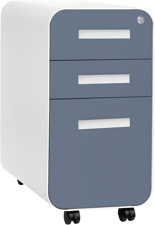 Laura Davidson Furniture Stockpile Slim 3-Drawer Mobile File Cabinet with Lock - Under Desk Metal Filing Cabinet, Legal/Letter File Folders, Wheels & Stationary Feet, Assembled, Coastal Blue Faceplate