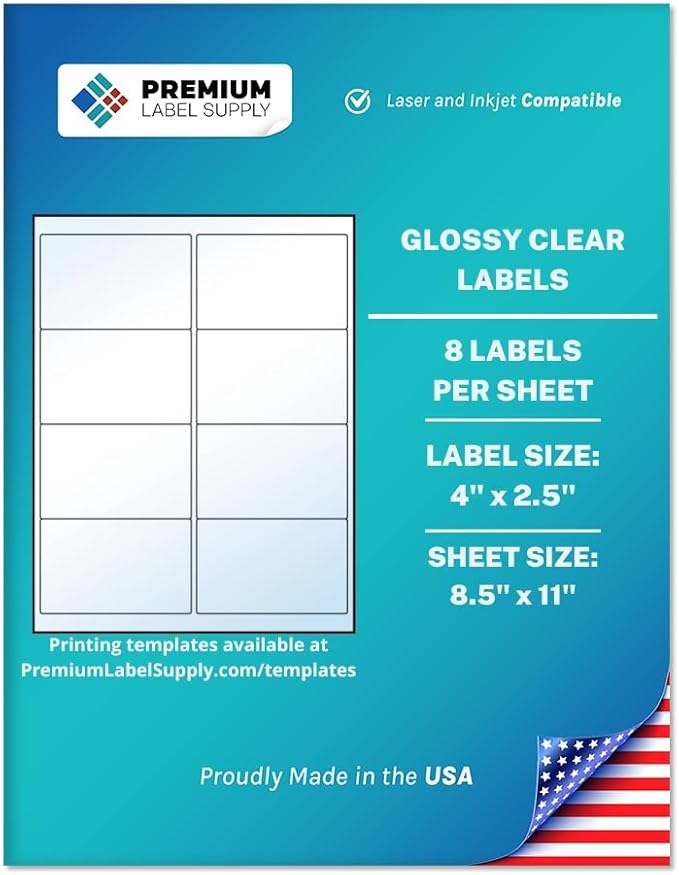 Premium Label Supply Glossy Clear Address Labels – 4" x 2.5" – Laser/Inkjet Compatible – (8 per Sheet), 500 Sheets – 4,000 Total Adhesive Labels