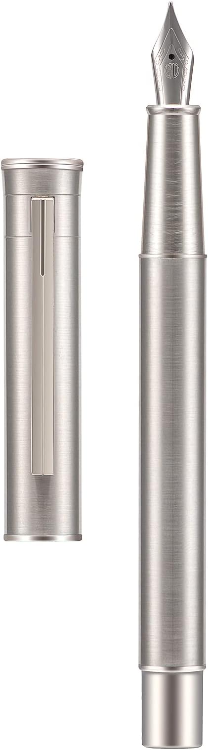 Hongdian 1861 Stainless Steel Fountain Pen Extra Fine Nib, Classic Design Smooth Writing Pen with Converter and Metal Pen Case Set