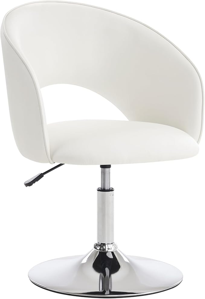 Furnimart Vanity Chair White Leather Vanity Stool, Height Adjustable Accent Chair with Back, Round Swivel Makeup Chair for Living Room Bedroom Vanity Makeup Room (PU White)