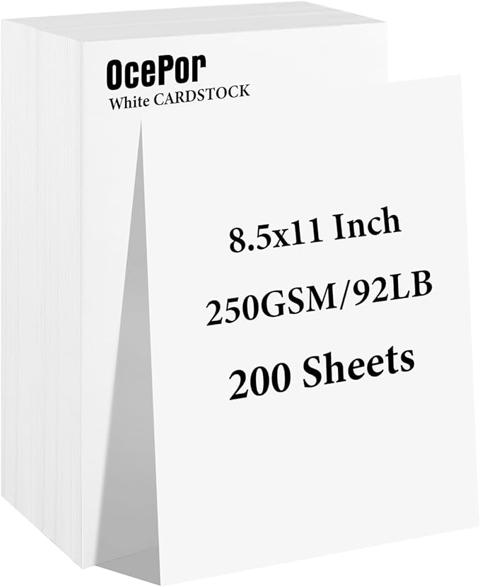OcePor 200 Sheets White Cardstock 8.5” x 11”, 92lb/250gsm Card Stock, Thick Card Stock Paper, Heavy Cardstock Paper for Printer, Resume, Scrapbooks, Art, Crafts, Business Cards
