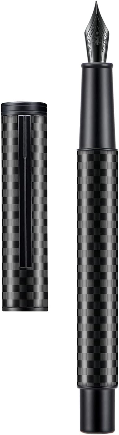 Hongdian 1861 Black Forest Carbon Fiber Fountain Pen, Long Blade Nib Modern Design Smooth Writing Pen with Converter and Metal Pen Case Set