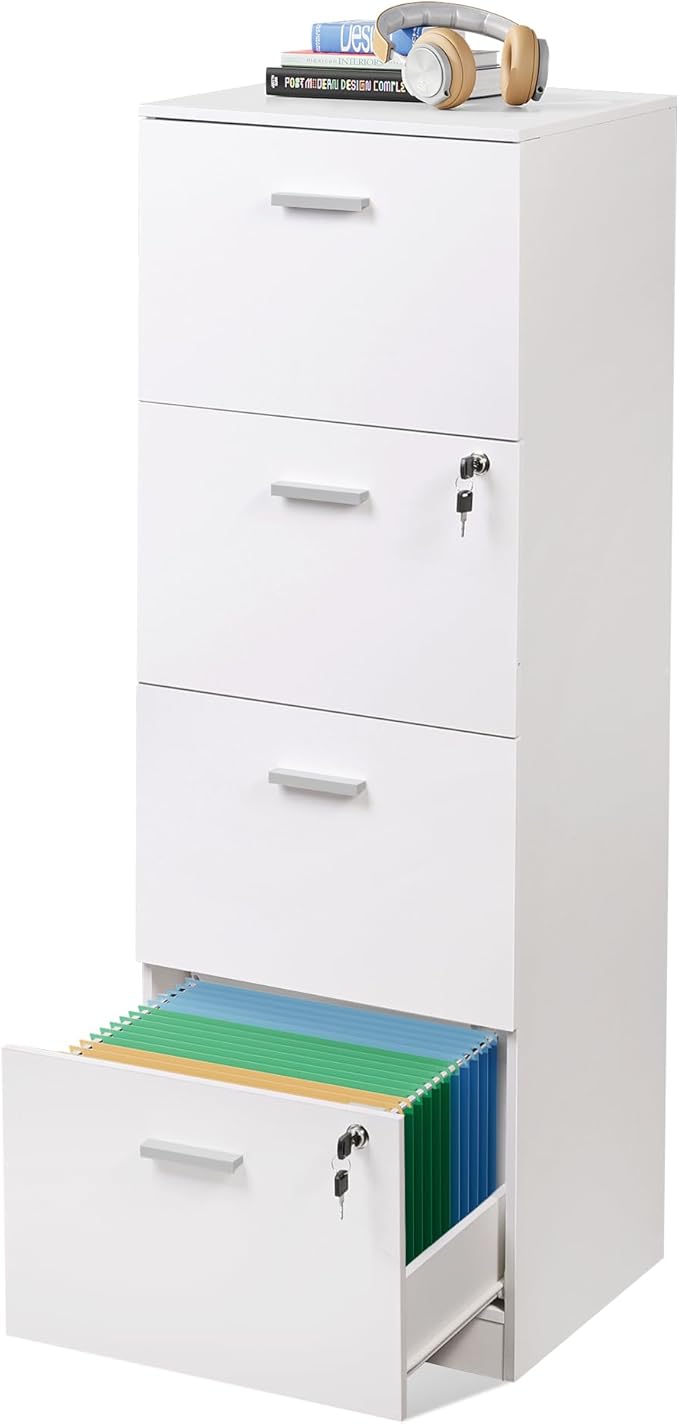 DEVAISE 4 Drawer File Cabinet with Lock, Vertical Filing Cabinet for A4/Letter Size Files, Wood Storage Organizer for Home Office, White