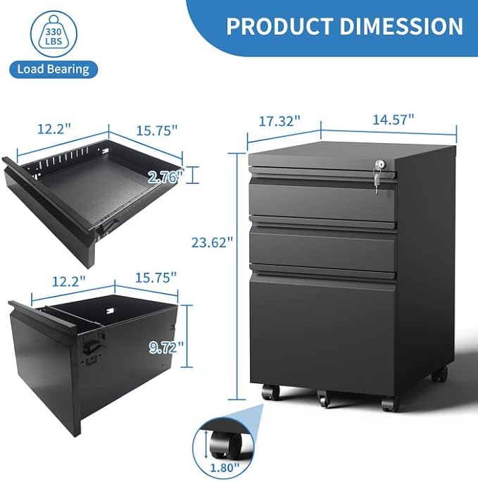 3 Drawer Mobile File Cabinet, Metal Under Desk Filing Cabinet with Lock and Wheels, Home Office Rolling File Cabinet for Legal/Letter Hanging File Folders, Fully Assembled (Black)