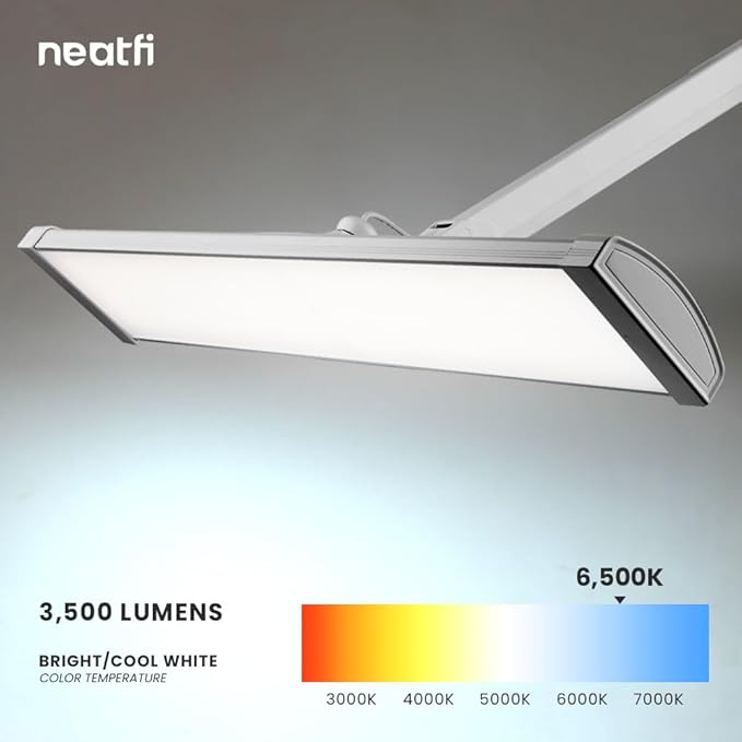 Neatfi Ultra 3,500 Lumen LED Desk Lamp, 45W, 26-Inch Wide Metal Shade, 270 SMD LEDs (Non-CCT with Clamp, Silver)