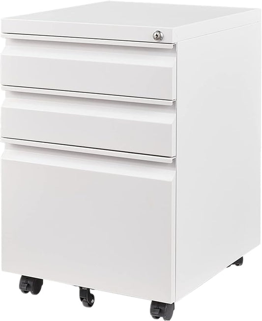 3 Drawers File Cabinet with Lock Metal Vertical File Cabient with Wheels Mobile File Cabinet for Office Home Fully Assembled (White)