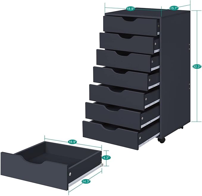 Naomi Home 7 Drawer Office File Cabinet, Storage File cabinets for Home Office, Office Organization Filing Cabinet with Wheels, Printer Stand with Storage, 180 lbs Capacity – Black