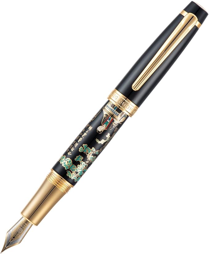 Hongdian 231 Chinese Classical Fountain Pen, Iridum Extra Fine Gold Nib with Chinese Painting Design, Smooth Writing Pen with Ink Converter and Metal Pen Box Set
