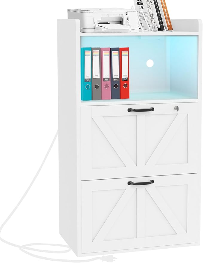 2 Drawer Lateral File Cabinet with Charging Station, Wood Filing Cabinet with Lock & LED Light, Large Storage Printer Stand for Home Office, White