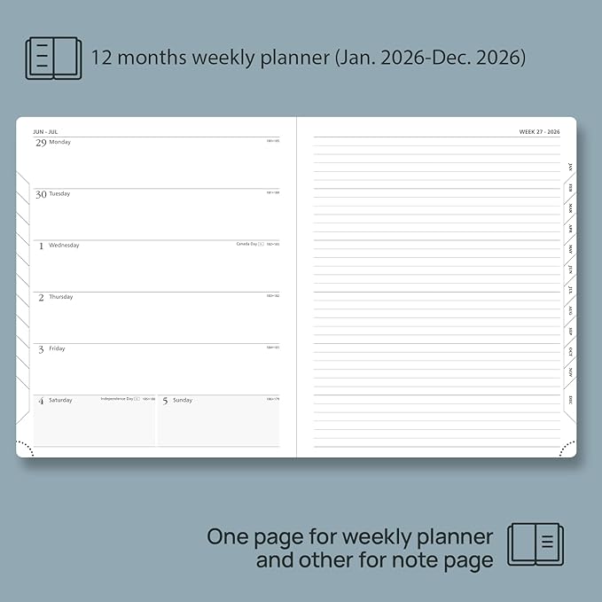 POPRUN Weekly Planner 2026 (Large 8.5" x 10.5") Calendar 12 Months Notebook with Horizontal Layout, Leather Soft Cover, Monthly Tabs, Inner Pocket, 100GSM Thick Paper, Pen Holder - Black
