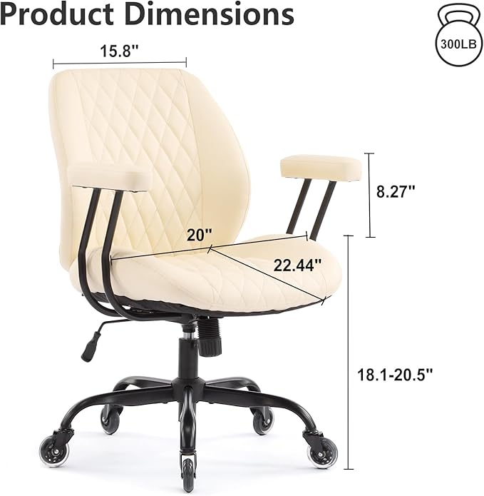 YFO Home Office Desk Chair Office Rubber Casters Ergonomic Computer Chair with Lumbar Support Adjustable Height Rolling Swivel Executive Task Armrests Chair๏ผ White Leather