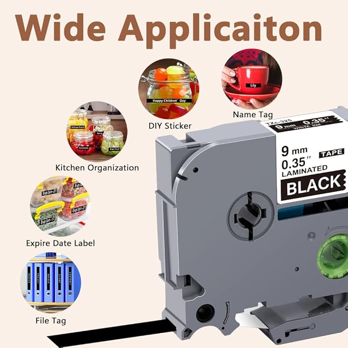 Hehua Tze Tz Tape 9mm 0.35 Laminated Black Tape Compatible for Brother P-Touch TZe-325 TZe325 TZ-325 TZ325 Label Tape for Ptouch PT D210 D200 D220 H110, 3/8'' x 26.2ft White on Black, 3 Pack