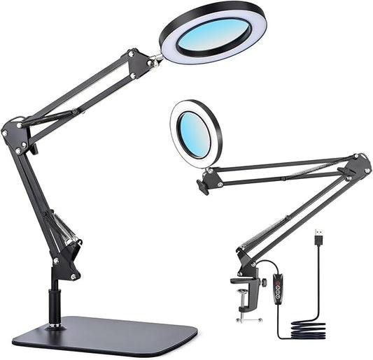 15X Magnifying Glass Lamp with Clamp and Stand, 72 LEDs Desk Lamp with 3 Color Temperatures and 10 Levels Adjustable Brightness for Diamond Art Accessories Hobbies Crafts Reading Close Work Magnifier