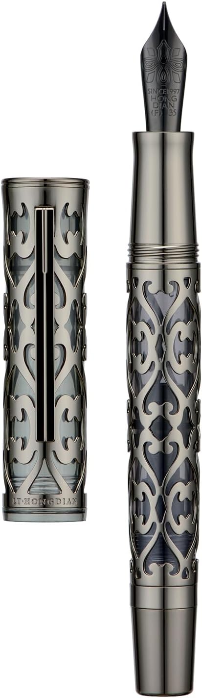 Hongdian D1 Piston Fountain Pen Extra Fine Soft Nib, Jet Black Hollow Skeleton & Resin Pen with Metal Case Set