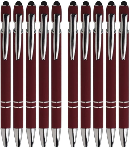 Wine Red Ballpoint Pens with Black Ink, 2-in-1 Stylus Tip, 1.0mm Medium Point, Matte Metal Barrel β 10-Pack for Office or School