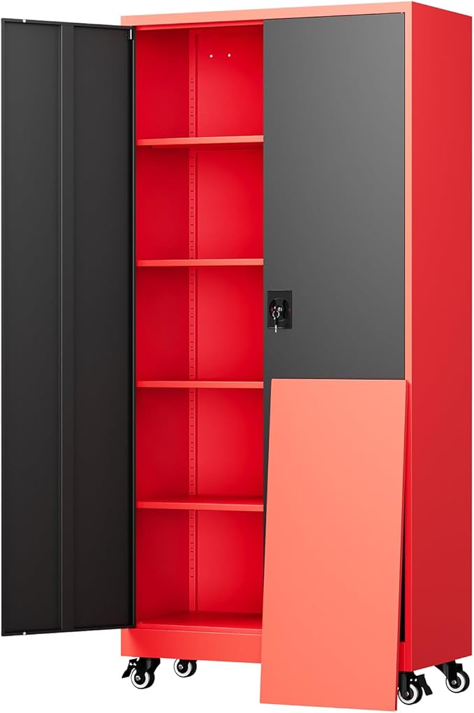 Yizosh Metal Garage Storage Cabinet with Locking Doors and Adjustable Shelves,- 75" Rolling Steel Tool Cabinet for Home Office,Garage,Warehouse