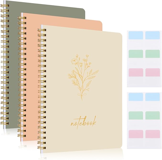 3 Pcs Spiral Notebook 5.9x8.3, 140 Pages Small Notebook for Women A5 College Ruled Journals Cute Notebooks with Large Pockets and Index Stickers for Home School Office Use(Green, Beige, Orange)