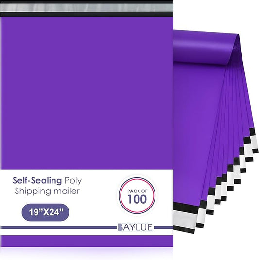 Purple Large Poly Mailers 19x24 Inch | Strong Adhesive Self-Seal Mailer Bags | Tear, Tamper, Water Resistant Shipping Envelopes | Thick Strong polymailer Bags XL Clothing Shipping Bags | 100 Pcs Bulk