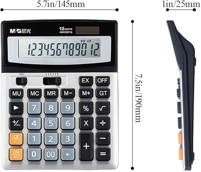 M&G Desk Calculator 12 Digit Extra Large LCD Display Calculator, Dual Solar Power and Battery, Battery Included, Metal Panel Comfort Button Calculator for Office Home School
