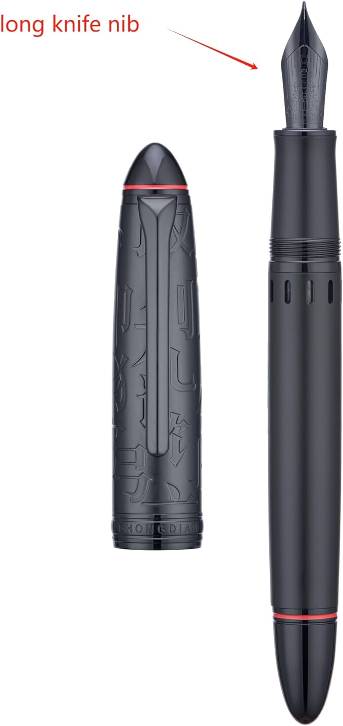 Hongdian N6 Black Metal Resin Piston Fountain Pen Black Long Blade Nib Classic Pen, Includes Metal Box Writing Pen