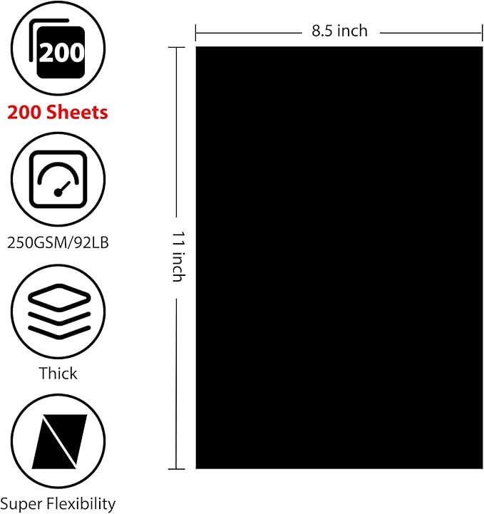 OcePor 200 Sheets Black Cardstock 8.5” x 11”, 92lb/250gsm Black Card Stock, Thick Card Stock Paper, Heavy Cardstock Paper for Printer, Resume, Scrapbooks, Art, Crafts, Business Cards