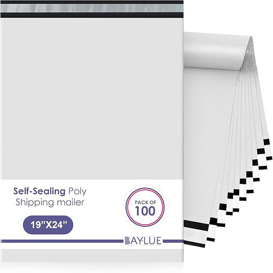 White Large Poly Mailers 19x24 Inch | Strong Adhesive Self-Seal Mailer Bags | Tear, Tamper, Water Resistant Shipping Envelopes | Thick Strong polymailer Bags XL Clothing Shipping Bags | 100 Pcs Bulk