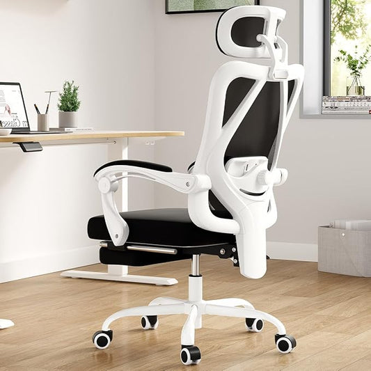 Farini Ergonomic Office Chair with Footrest, Mesh Office Desk Chair with Headrest, High Back Computer Chair with Adjustable Lumbar Support for Home Office Study Room Bedroom, White & Black