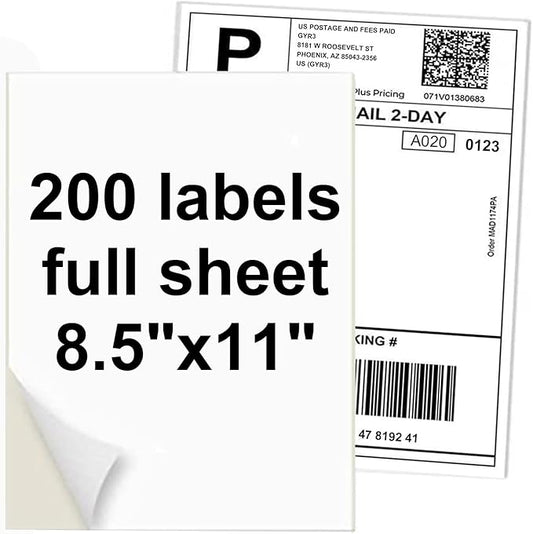Full Sheet Sticker Paper for Laser & Ink Jet Printers, 8.5" x 11" Full Sheet Address Shipping Label, 200 Sheets 200 Labels