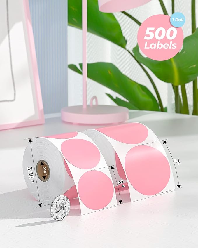 MUNBYN 3 Inch Pink Circle Thermal Sticker Labels, Multi-Purpose Self-Adhesive Round Direct Thermal Labels for Business, 500 Sheets/1 Roll