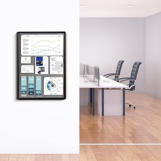 Enclosed Bulletin Board Lockable Display Case Message Board with Locking Door for Indoor, Grey Felt, Black Aluminum Frame, 28 X 26 in