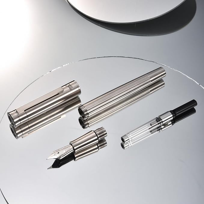 Hongdian T1 Titanium Fountain Pen, Iridium Extra Fine Soft Nib Chinese Knot Carving with Converter and Metal Box Set