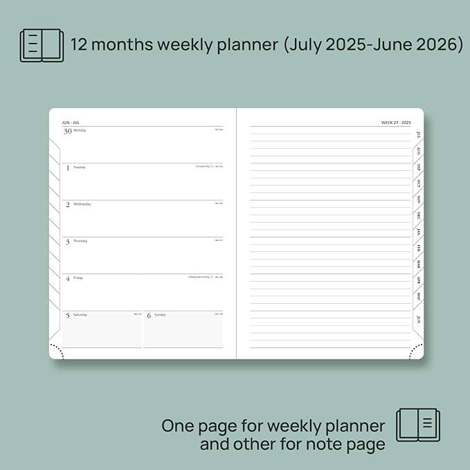 POPRUN Planner 2025-2026 Weekly Notebook (Medium 6.5''x 8.5'') Academic Calendar (JUL.25 - JUN.26) Appointment Book with Monthly Tabs, Leather Soft Cover, Inner Pocket, 100 GSM - Pink