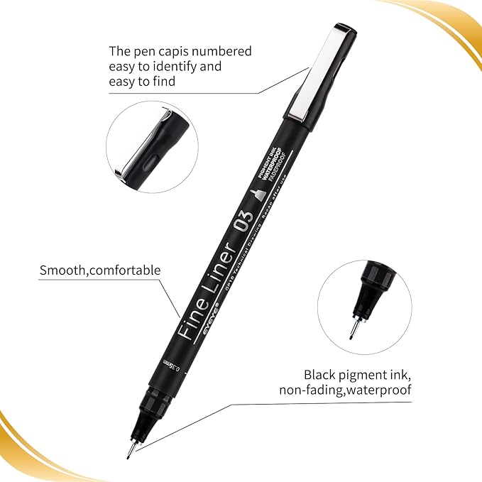 EYEYE Micro Pens, Black Drawing Art Pen,6 Pack 0.45mm Archival Pens Waterproof Ink Set Artist Supplies Archival Inking Markers Sketch Outline Pen, Precision Drawing and Sketching Kit