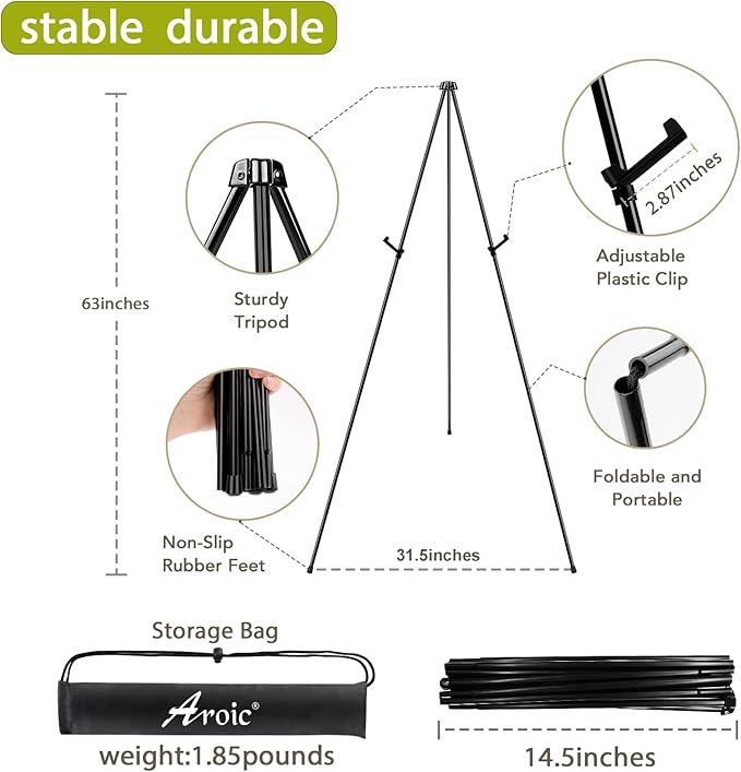 AROIC 63 "Easel Stand for Display, 6 Pack Portable Foldable Metal Easel, Easels for Signs Wedding Logos ,Arts, Painting,Adjustable Floor Easels with 6 Storage Bag