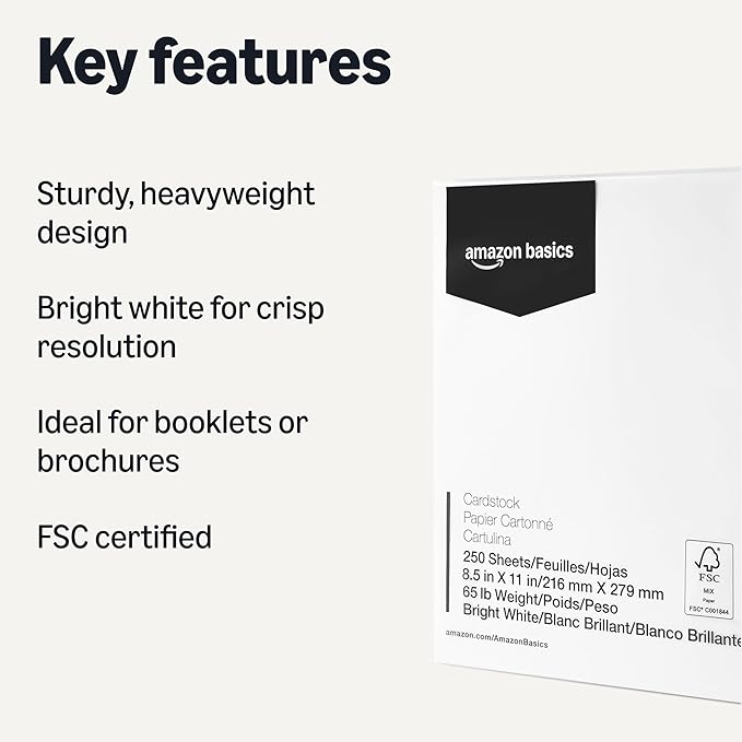 Amazon Basics Cardstock Paper, 8.5" x 11", 65 lb/176 gsm, 96 Bright, White, 250 Sheets