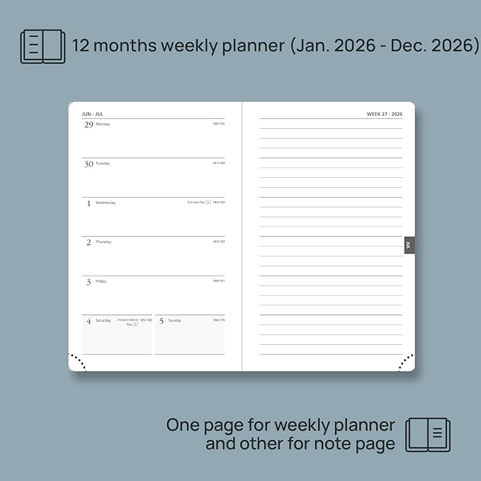 POPRUN Weekly Planner 2026 Pocket Size Calendar (4" x 6.25") 12 Months Notebook with Horizontal Layout, Leather Soft Cover, Inner Pocket, 100GSM Thick Paper, Pen Holder - Claret