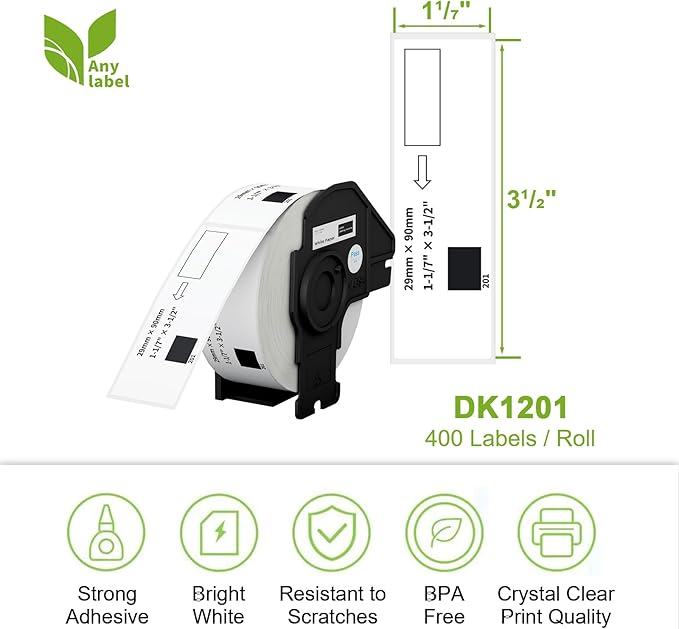 Compatible Standard Address Labels Replacement for Brother DK-1201 (1.1" X 3.5β), Use with Brother QL Label Printers (12 Rolls + 1 Reusable Cartridge, 400 Labels/Roll)