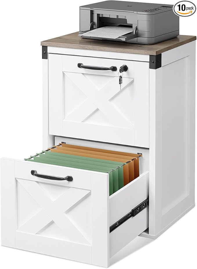 DEVAISE 2 Drawer File Cabinet with Lock, Wood Farmhouse Filing Cabinet for Home Office, Printer Stand Fits Letter and A4 Size, White