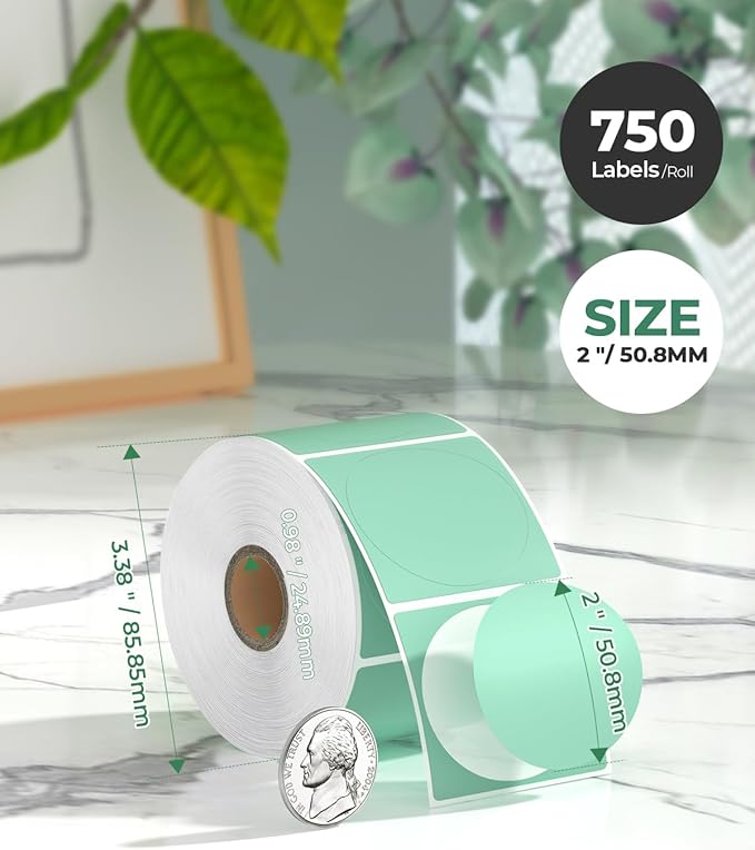 MUNBYN 2 Inch Green Circle Thermal Sticker Labels, Self-Adhesive Round Direct Thermal Labels for Logo Design, QR Code, Inventory, 750 Sheets/1 Roll