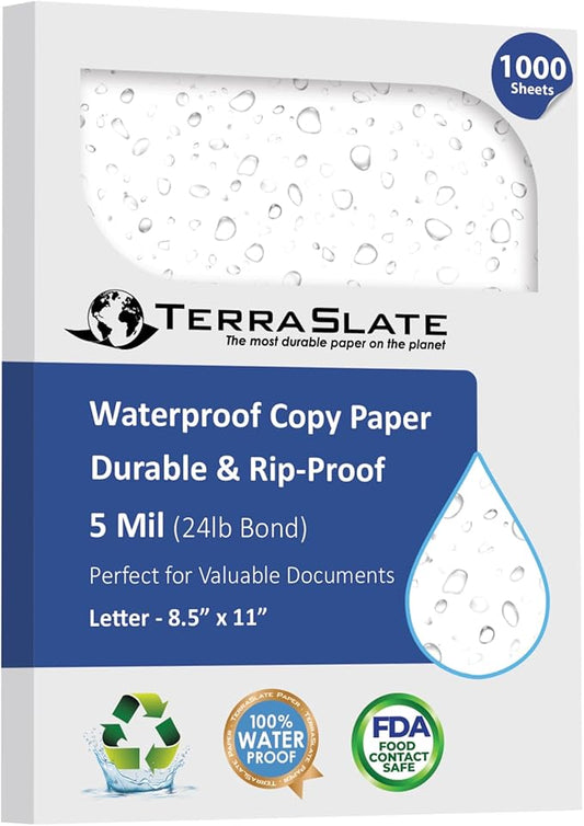 TerraSlate Waterproof, Durable, Rip-Proof Paper, 1,000 Sheets, 5 Mil (24lb Bond), 8.5” x 11”, Laser Printer and Copy Machine Compatible