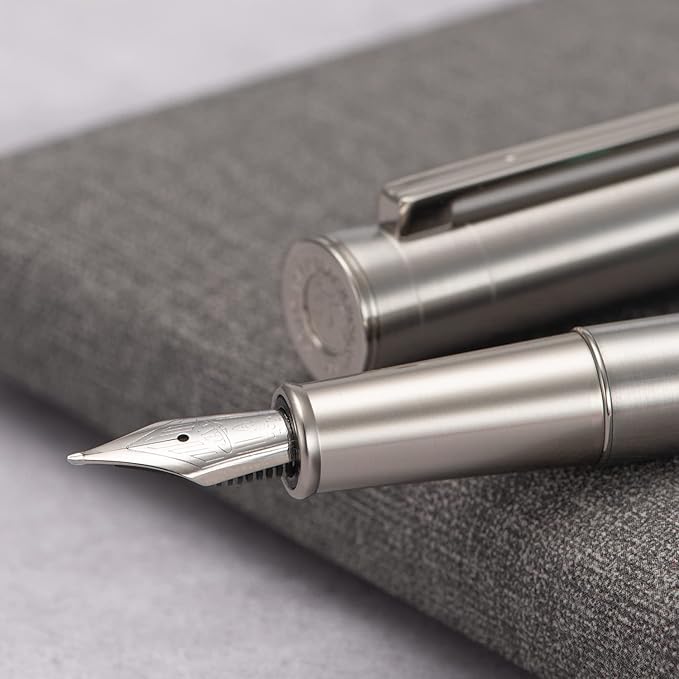 Hongdian 1861 Stainless Steel Fountain Pen Long Blade Nib, Classic Design Smooth Writing Pen with Converter and Metal Pen Case Set