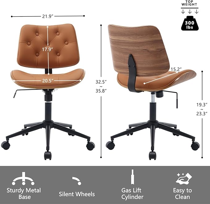 Armless Home Office Chair with Wheels, PU Leather Adjustable Height Computer Desk Chair, 360 Swivel Small No Arms Chair, Modern Button Walnut Style for Office, Reading Meeting Room(Brown)