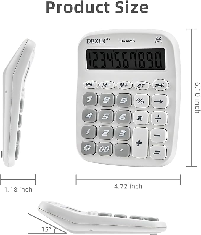 Cute Calculators Desktop, 12 Digit Basic Calculator with Big Buttons, Aesthetic Desk Accessories Large LCD for Office School Supplies (White)