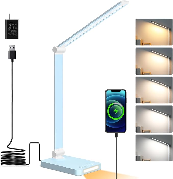 LED Desk Lamp with USB Ports,Touch Desk Lamps for Home Office with 5 Color Modes,3 Brightness Desk Light with Small Night Light,Reading Lamp Table Lamp for Bedroom Bedside Study Blue (with adapter)