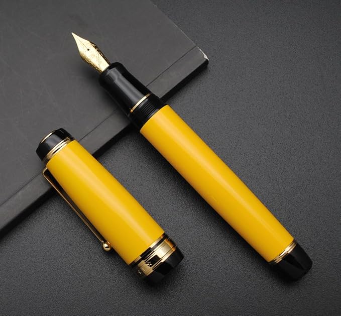 Metal Big Fountain Pen Set Medium Nib 0.7mm, Includes Ink Refill Converter, 5 Ink Cartridges & Gift Box (Medium Nib 0.7mm, Yellow)