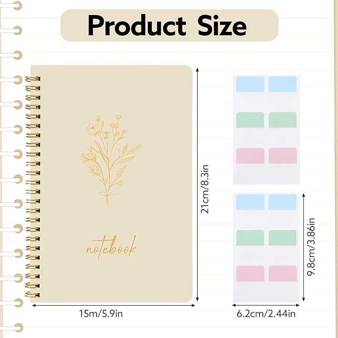 3 Pcs Spiral Notebook 5.9x8.3, 140 Pages Small Notebook for Women A5 College Ruled Journals Cute Notebooks with Large Pockets and Index Stickers for Home School Office Use(Green, Beige, Orange)